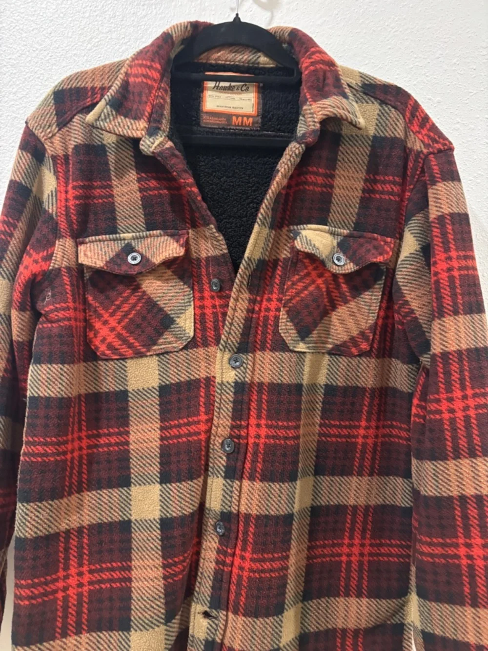 Hawke & Co Plaid Sherpa Lined Flannel Jacket Mens Med Black Red Tan Heavy Warm